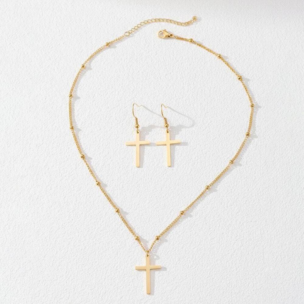 Gold Tone Cross Necklace & Earrings Set Faith Jewelry NWT